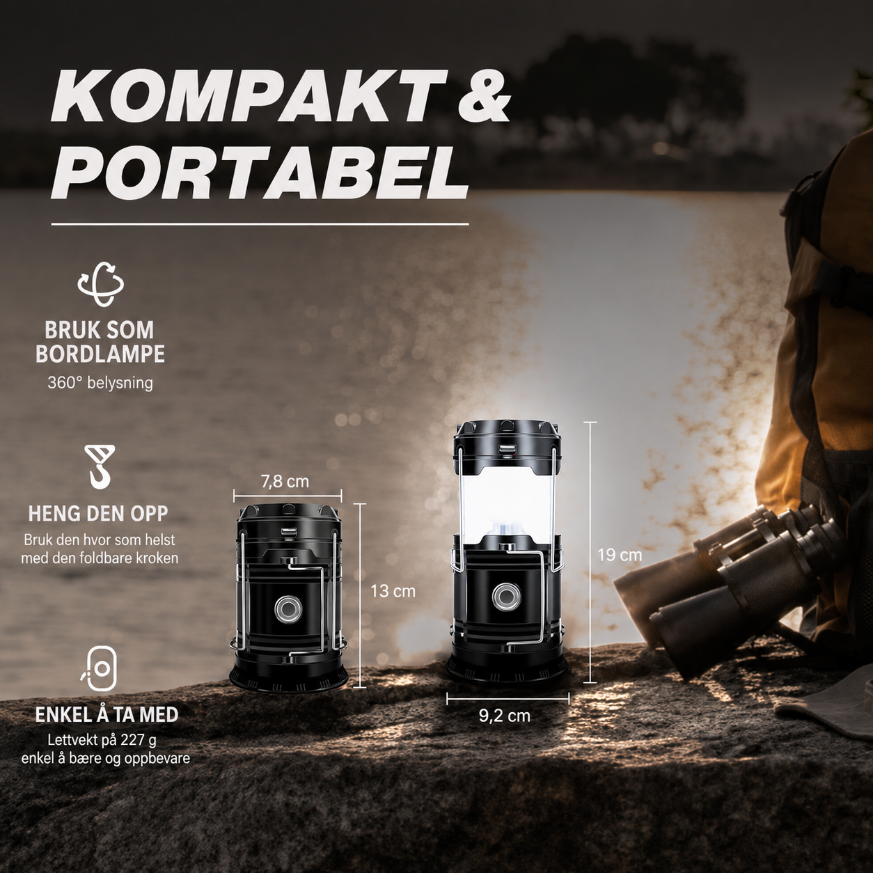 Oppladbar LED Campinglykt med Solcelle og USB – 2-pakk
