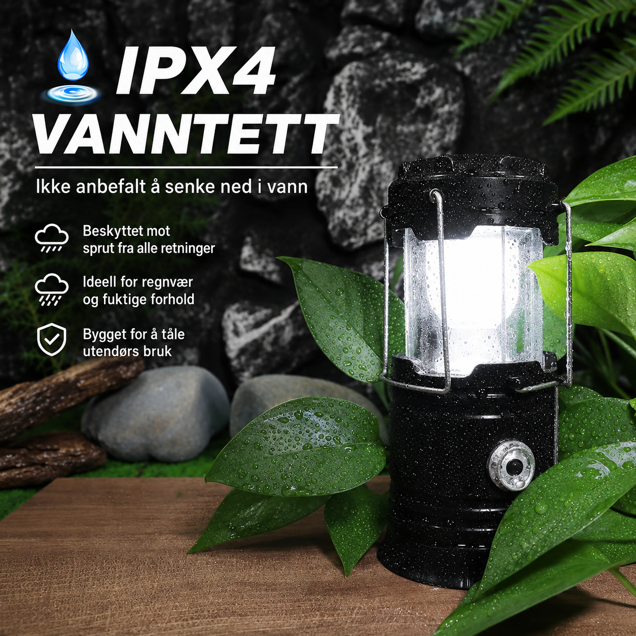 Oppladbar LED Campinglykt med Solcelle og USB – 2-pakk