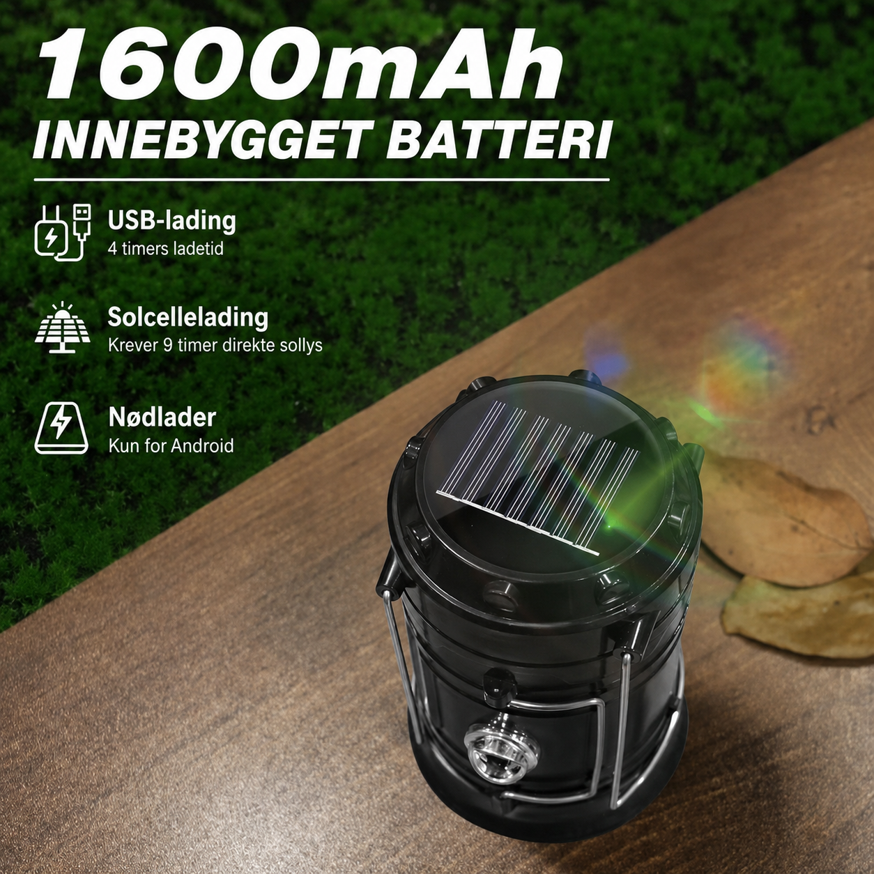 Oppladbar LED Campinglykt med Solcelle og USB – 2-pakk