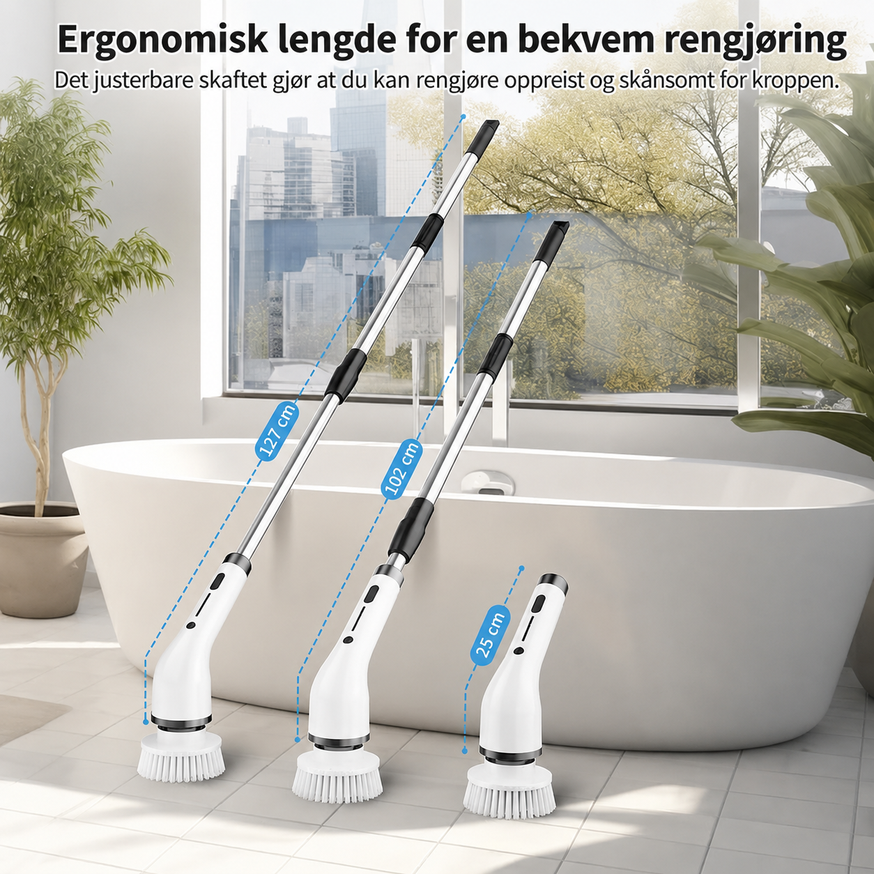 Ergonomisk elektrisk rengjøringsbørste med 8 utskiftbare børstehoder – for hele hjemmet
