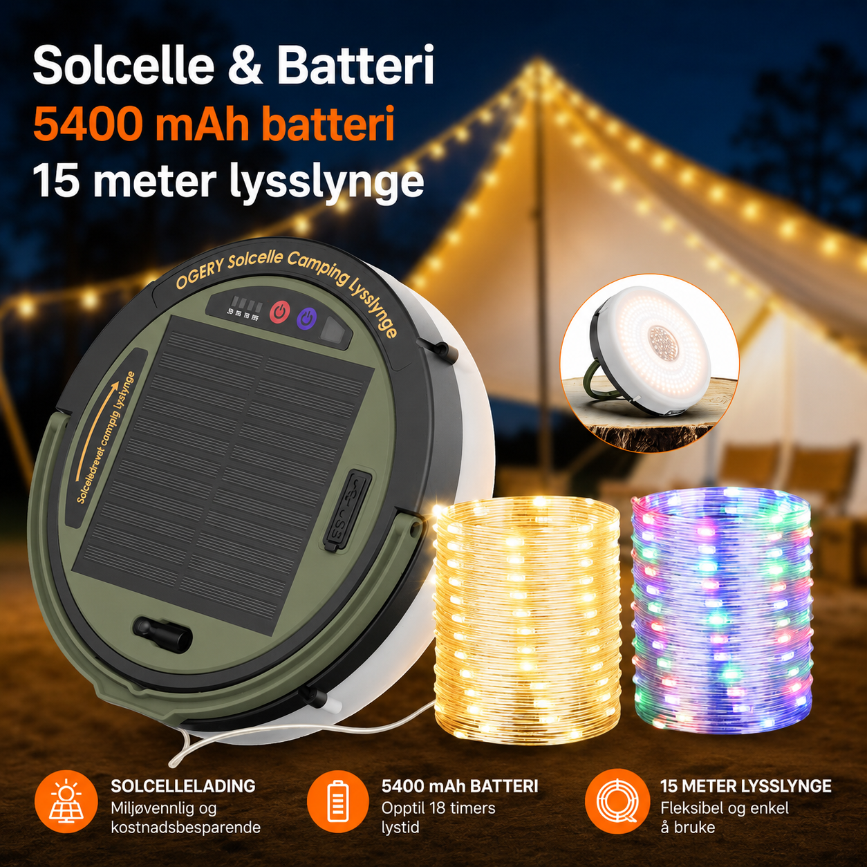 Eikvar Solcelle™ Lyslenke med fjernkontroll og oppladbart batteri