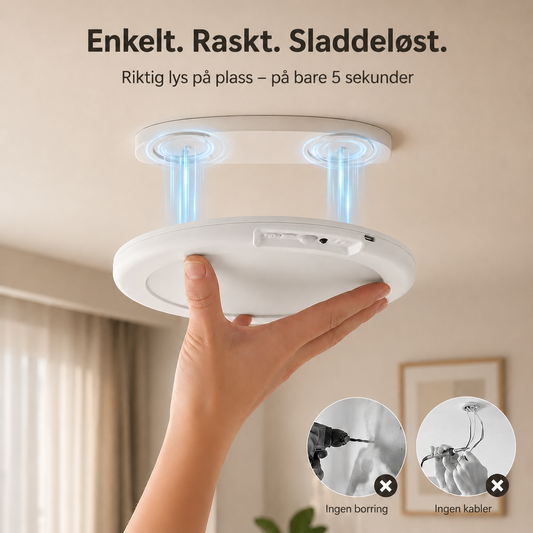 Magnetisk LED-taklampe med bevegelsessensor, fjernkontroll, fast lys og 3 lysmoduser