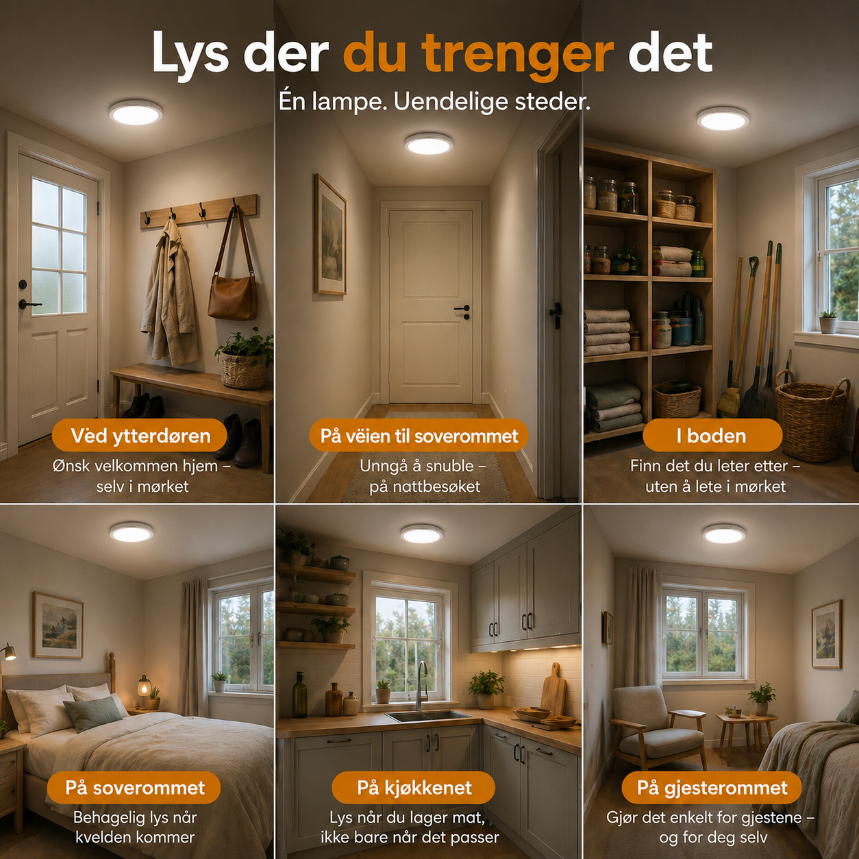 Magnetisk LED-taklampe med bevegelsessensor, fjernkontroll, fast lys og 3 lysmoduser