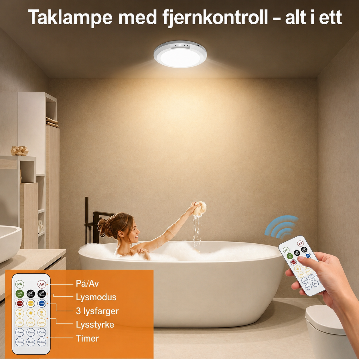 Magnetisk LED-taklampe med bevegelsessensor, fjernkontroll, fast lys og 3 lysmoduser