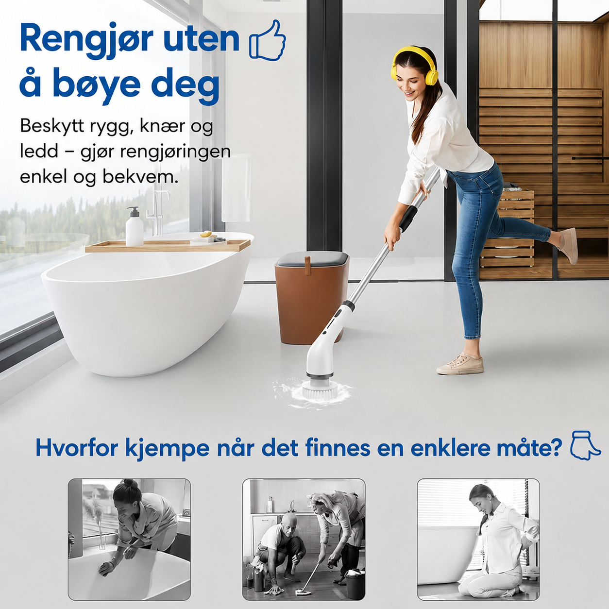 Ergonomisk elektrisk rengjøringsbørste med 8 utskiftbare børstehoder – for hele hjemmet