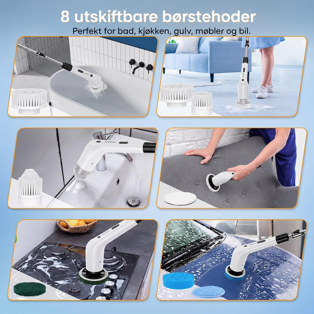 Ergonomisk elektrisk rengjøringsbørste med 8 utskiftbare børstehoder – for hele hjemmet