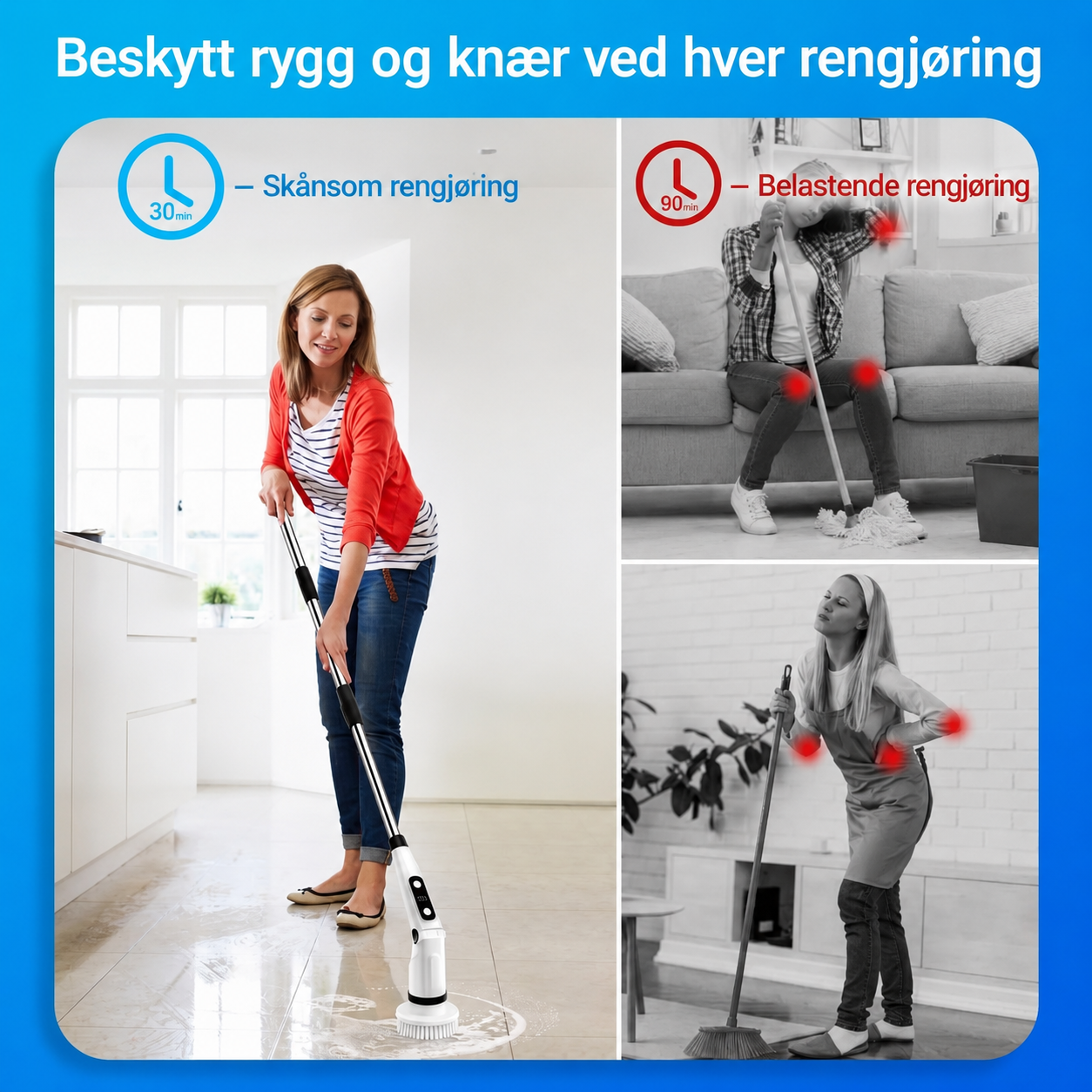 Ergonomisk elektrisk rengjøringsbørste med 8 utskiftbare børstehoder – for hele hjemmet