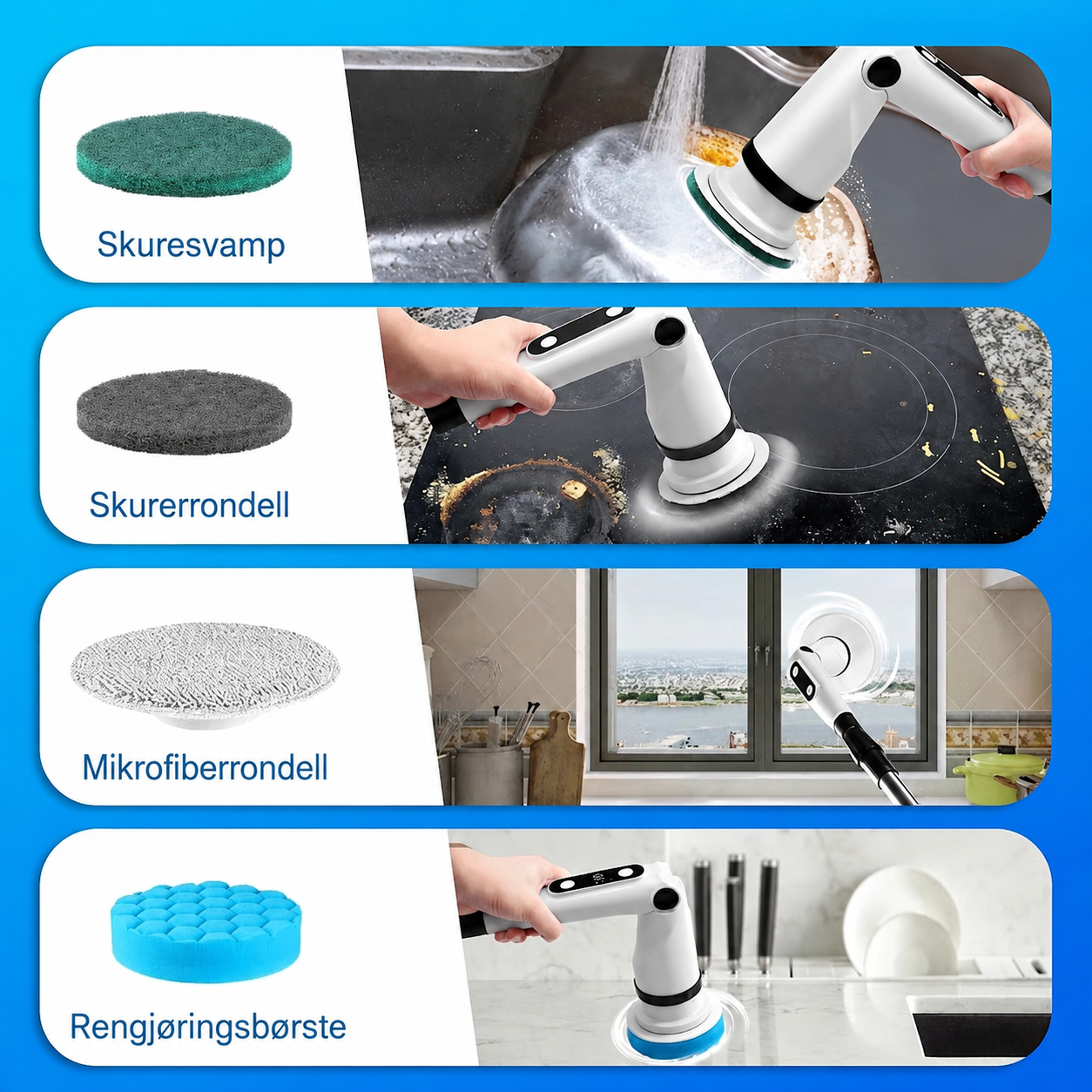 Ergonomisk elektrisk rengjøringsbørste med 8 utskiftbare børstehoder – for hele hjemmet
