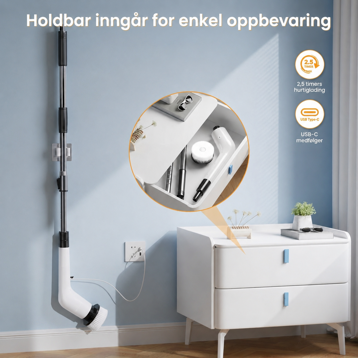 Ergonomisk elektrisk rengjøringsbørste med 8 utskiftbare børstehoder – for hele hjemmet