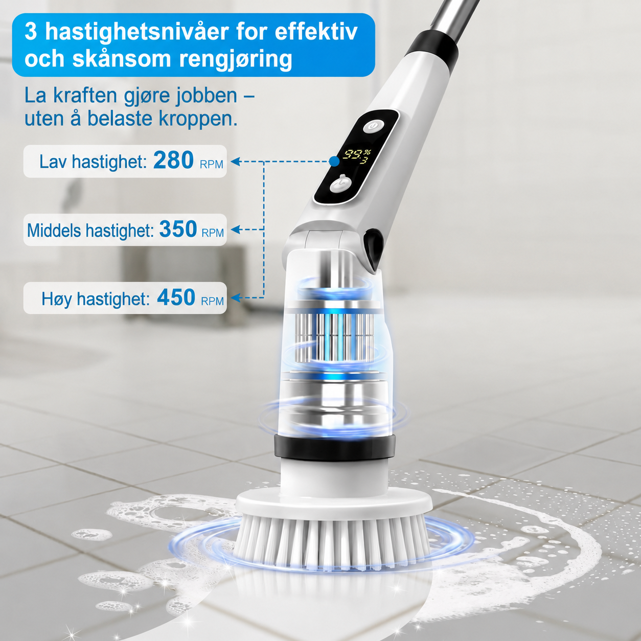 Ergonomisk elektrisk rengjøringsbørste med 8 utskiftbare børstehoder – for hele hjemmet