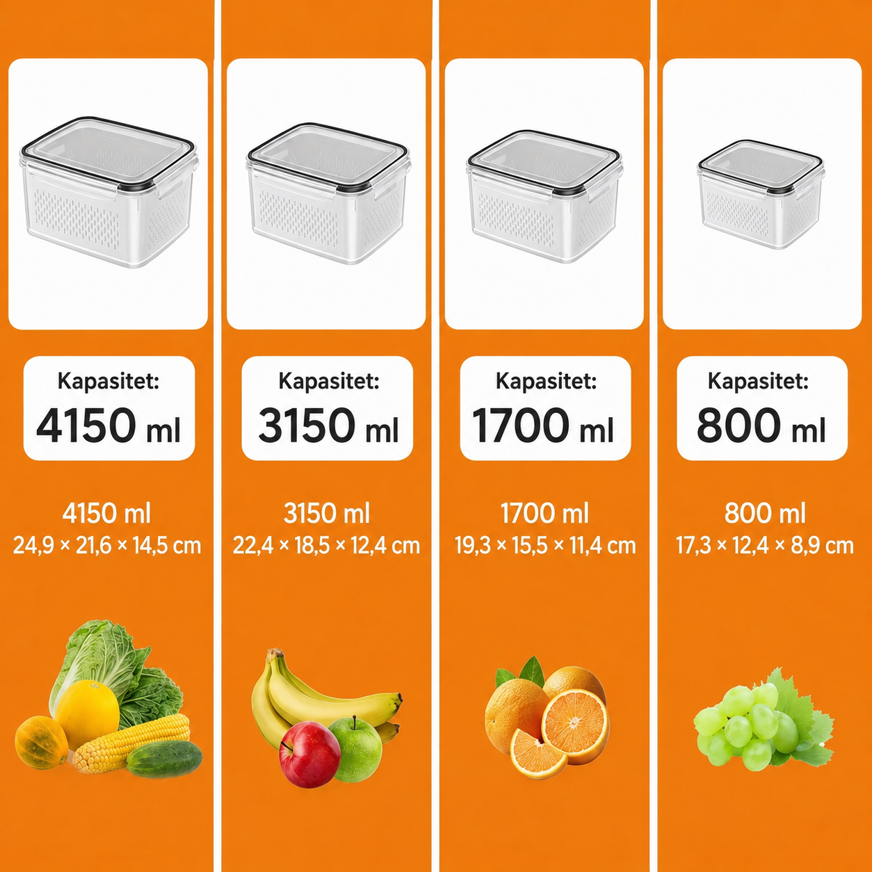 FreshLock™ Oppbevaringssystem – 4 beholdere med 3 deler hver (12 deler totalt)