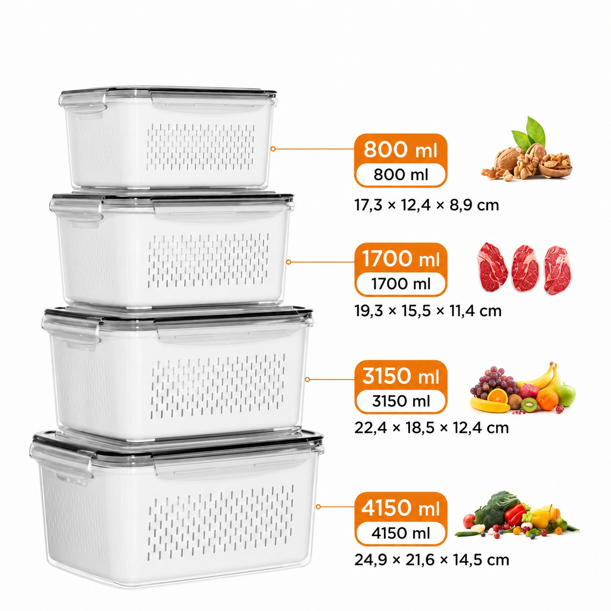 FreshLock™ Oppbevaringssystem – 4 beholdere med 3 deler hver (12 deler totalt)