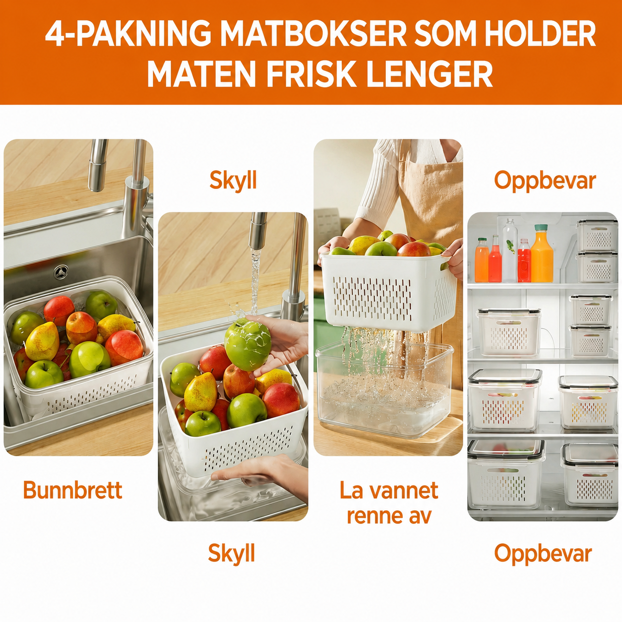 FreshLock™ Oppbevaringssystem – 4 beholdere med 3 deler hver (12 deler totalt)
