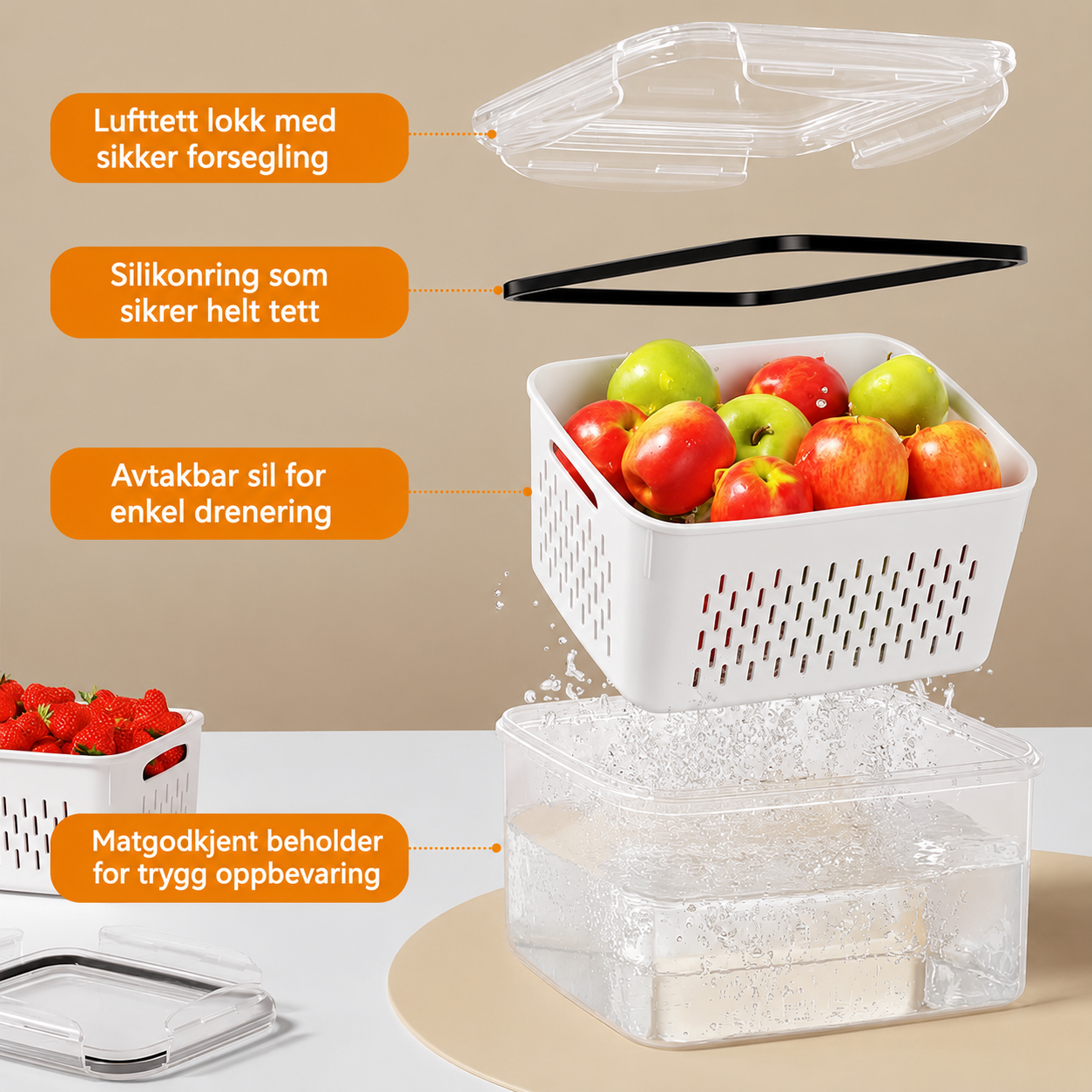 FreshLock™ Oppbevaringssystem – 4 beholdere med 3 deler hver (12 deler totalt)